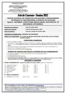 Avis concours : Centre National de Formation des Maitres d'Enseignement Technique et Professionnel ( CNFMETP)