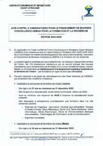 Avis d'Appel à candidature pour le financement de bourse d'excellence UEMOA