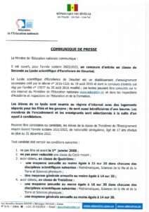 Communiqué de presse : concours d’entrée au Lycée scientifique d’excellence de Diourbel.