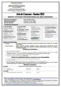 avis de concours : Brevet d'Etude Professionnel en Industrie 