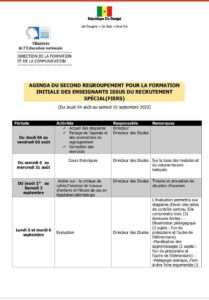 Avis aux enseignant : Agenda du second regroupement FIERS