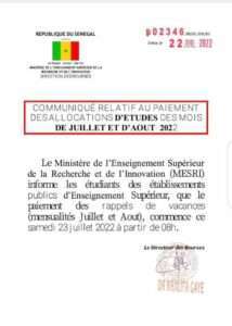 Communiqué relatif au paiement des allocations d’études des mois de Juillet et Août 2022