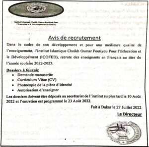 Avis de recrutement d' enseignants.