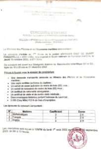 Concours d'entrée à l'Ecole Nationale de Formation Maritime (ENFM) 2022-2023