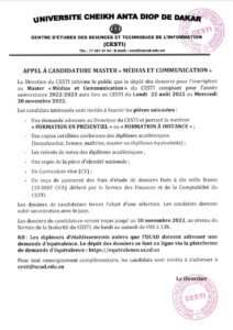 APPEL À CANDIDATURES MASTER « MÉDIAS ET COMMUNICATION » DU CESTI