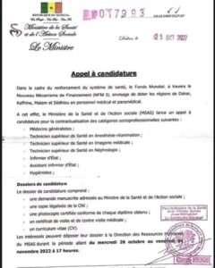 Appel à Candidature Ministère de la Santé