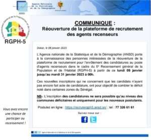 Recrutement de 32 500 agents recenseurs : prolongement des inscriptions