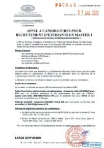 Appel à candidature Master 1 gouvernance foncière et gestion des territoires