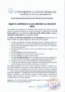 UGB Appel à candidatures à une sélection au Doctorat 2023