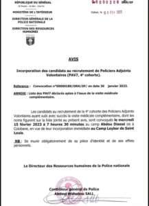 Recrutement de Policiers Adjoints Volontaires