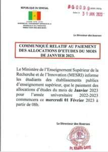 Communiqué relatif au paiement des bourses du mois de janvier 2023