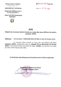 Avis: Report du concours sous-officiers de Police (session 2023)