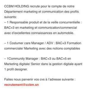 CCBM Holding recrute plusieurs profils