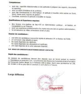 L’UGB recrute 02 Chefs des Services administratifs (CSA)