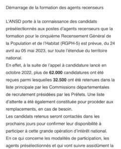 Communiqué ANSD : Démarrage de la formation de 32 500 Agents recenseurs