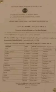 Résultats Fastef département HG niveau Licence et Master