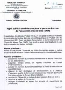 Appel public à candidatures pour le poste de Recteur de l'Université Alioune Diop (UAD)