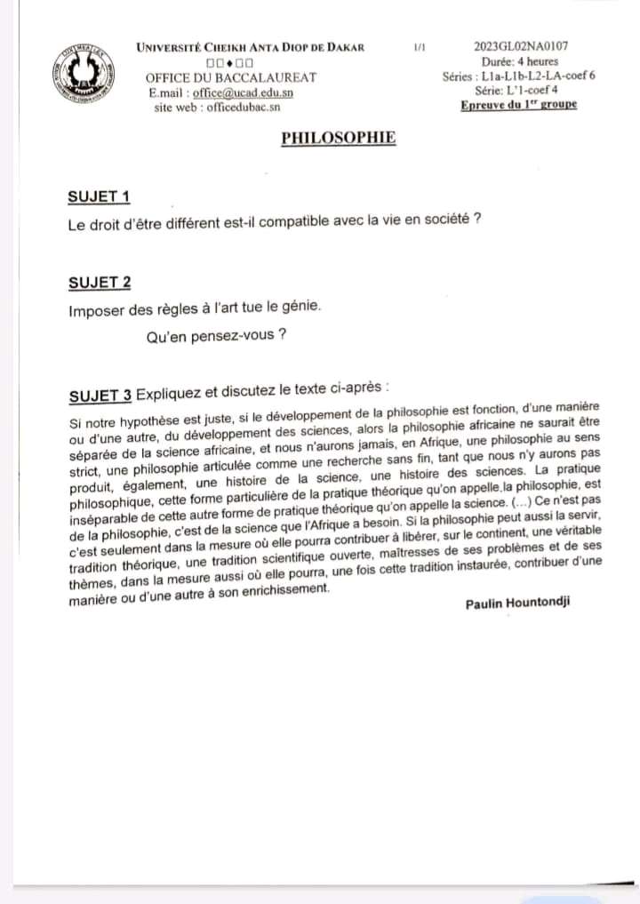 Bac 2023 Sénégal Epreuves de Philosophie Série L