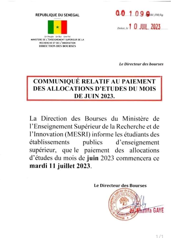 PAIEMENT DES ALLOCATIONS D’ÉTUDES DU MOIS DE JUIN 2023