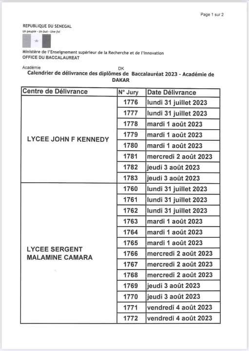 BAC 2023 : CALENDRIER DE DELIVRANCE DES DIPLOMES ACADÉMIE DE DAKAR