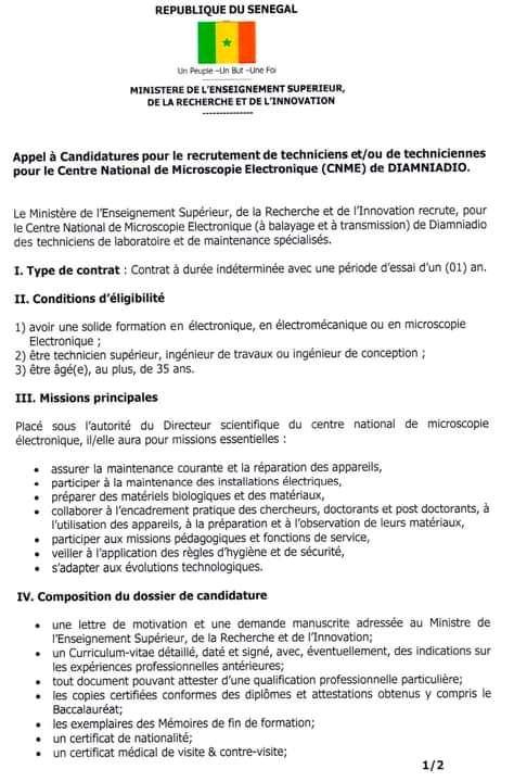 Appel à Candidatures pour le recrutement de techniciens