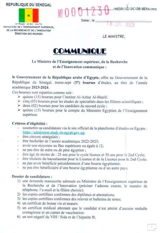 Le gouvernement Égyptien offre 37 bourses d'études pour les étudiants Sénégalais