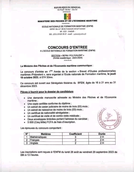 Concours ENFM 2023-2024  marine nationale senegalaise