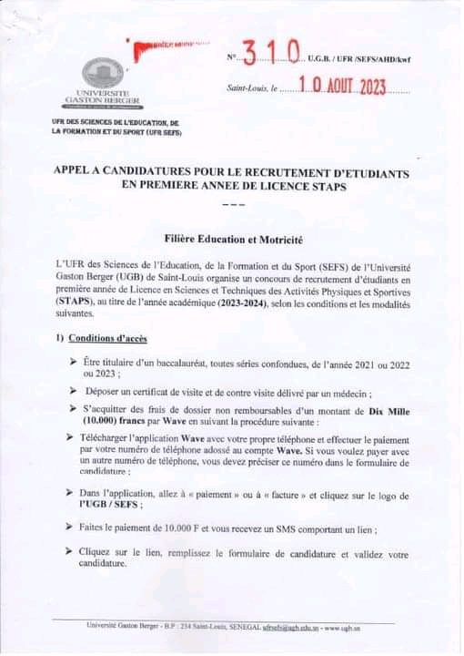 Recrutement d'étudiants en Licence 1 des Sciences et Techniques des Activités Physiques et Sportives