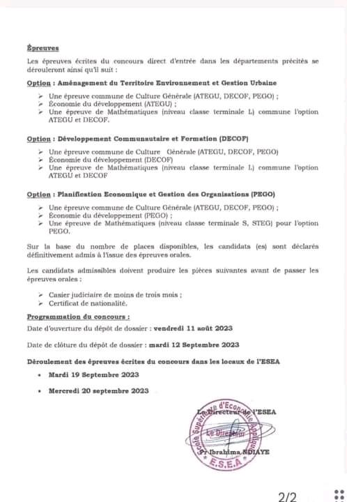 Concours d'entrée à l'ESEA ex ENEA dépôt ouvert