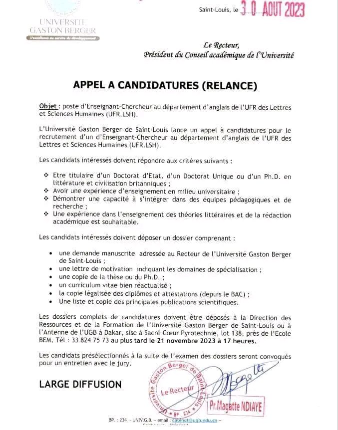 Recrutement d'un Enseignement au département Anglais