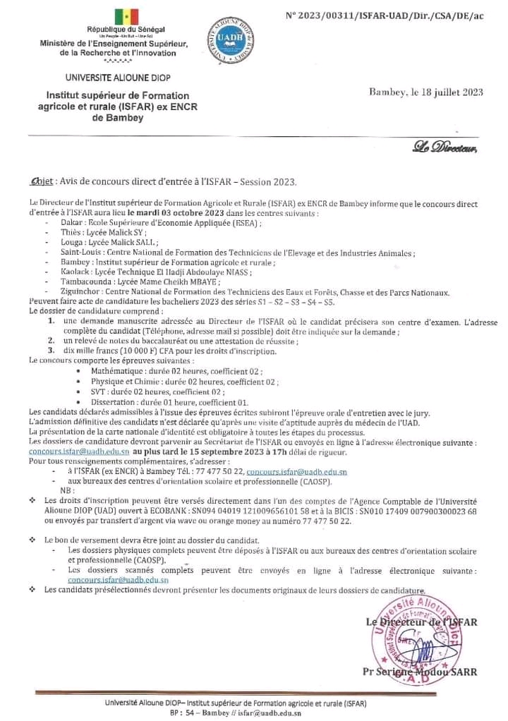 La date limite pour l'inscription au concours d'entrée à l'ISFAR  2023 prolongée