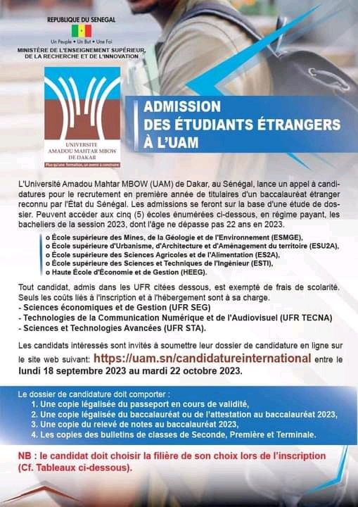 Appel à candidature pour l'admission en première année de nouveaux bacheliers étrangers