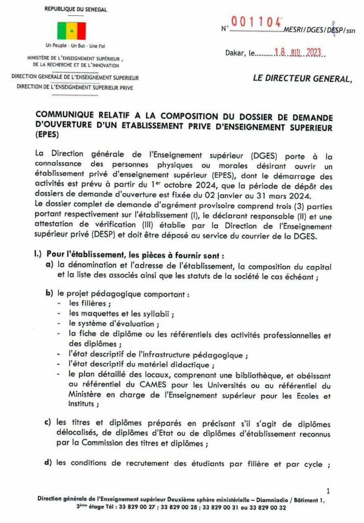 Communiqué relatif à la composition du dossier de demande d'ouverture d'un établissement privé d'enseignement supérieur (EPES)