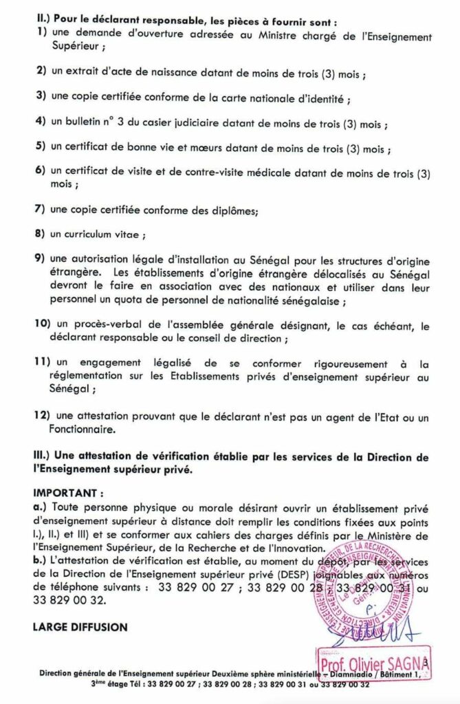 Communiqué relatif à la composition du dossier de demande d'ouverture d'un établissement privé d'enseignement supérieur (EPES)