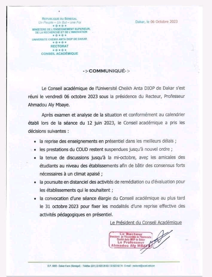 Rentrée académique à l’Université Cheikh Anta Diop de Dakar: la date connue