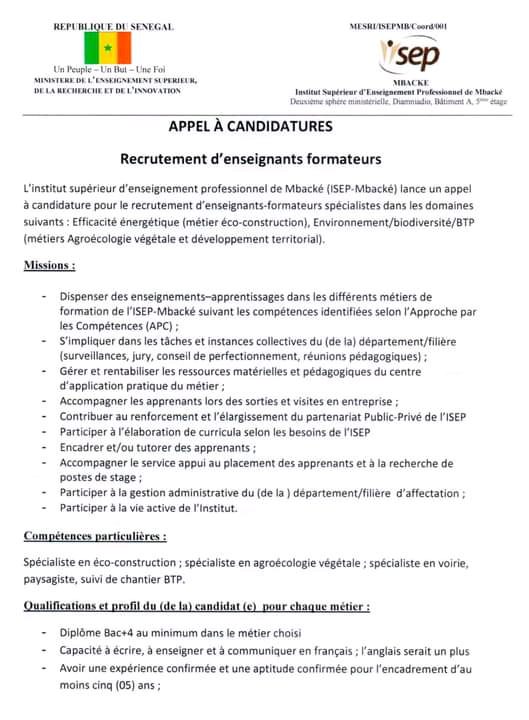 ISEP-Mbacké lance un appel à candidature pour le recrutement d'enseignants-formateurs