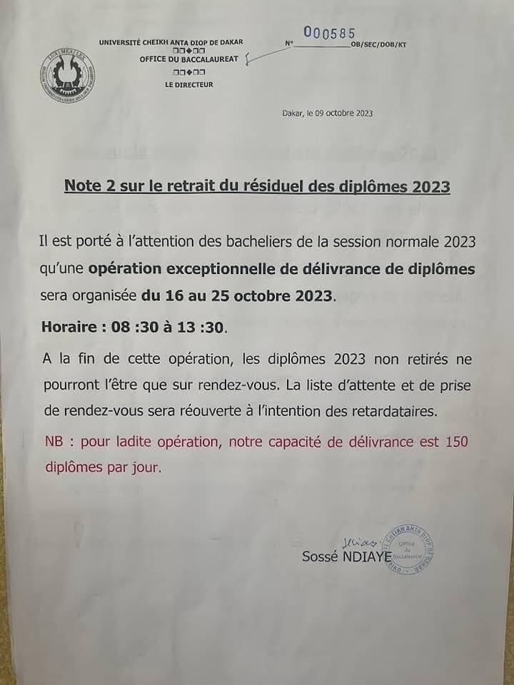 Opération exceptionnelle de délivrance des diplômes du Baccalauréat