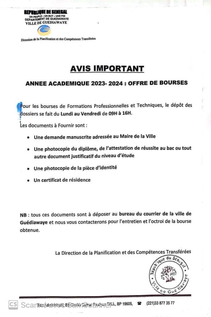 Offre de bourse de formation de la Ville de Guédiawaye année académique 2023-2024