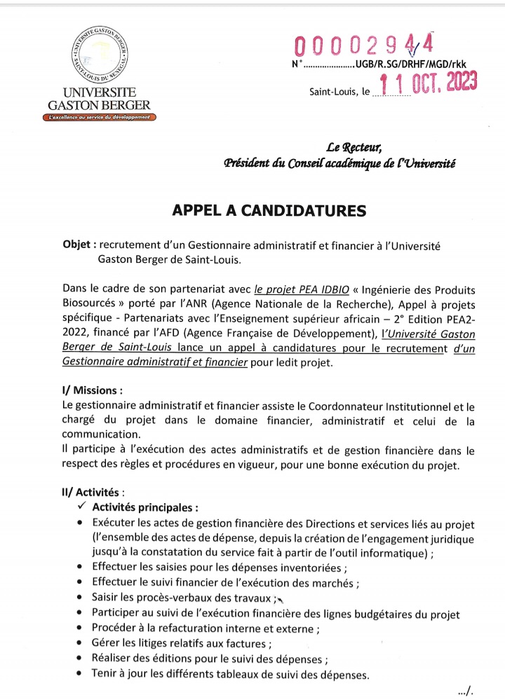 UGB recrute un Gestionnaire administratif et financier