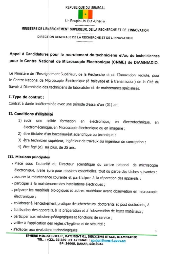 Appel à Candidatures pour le recrutement de techniciens(es) pour le Centre National de Microscopie Electronique (CNME) de DIAMNIADIO