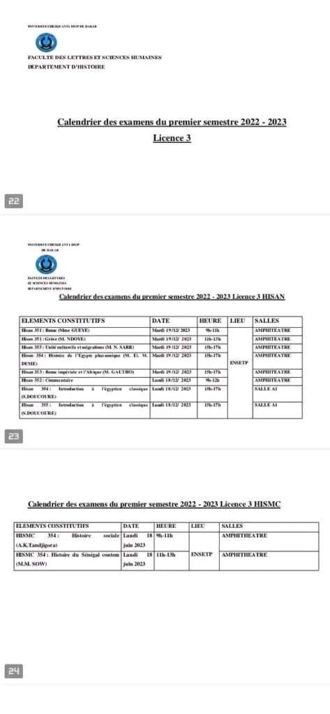 UCAD-Calendrier des Examens et répartitions des Salles session 2023, Licence 1 2 et 3, Sénégal