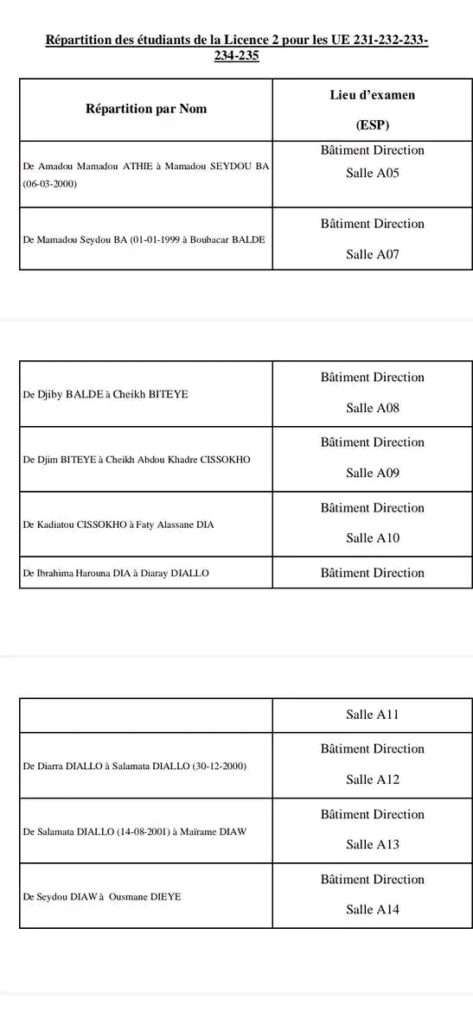 UCAD-Calendrier des Examens et répartitions des Salles session 2023, Licence 1 2 et 3, Sénégal