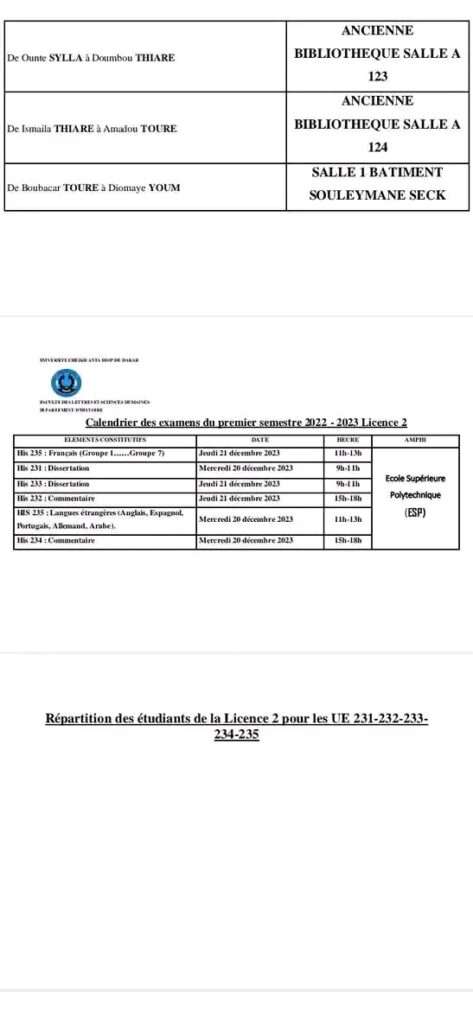 UCAD-Calendrier des Examens et répartitions des Salles session 2023, Licence 1 2 et 3, Sénégal