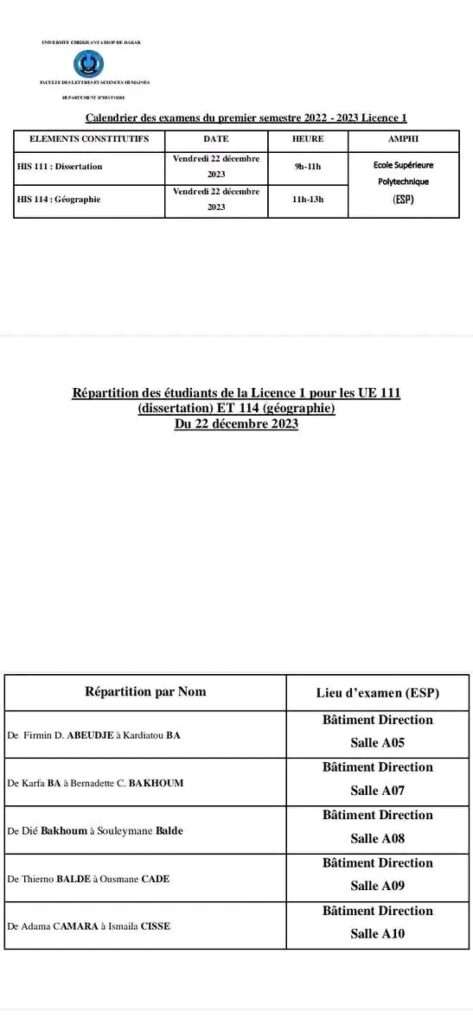 UCAD-Calendrier des Examens et répartitions des Salles session 2023, Licence 1 2 et 3, Sénégal