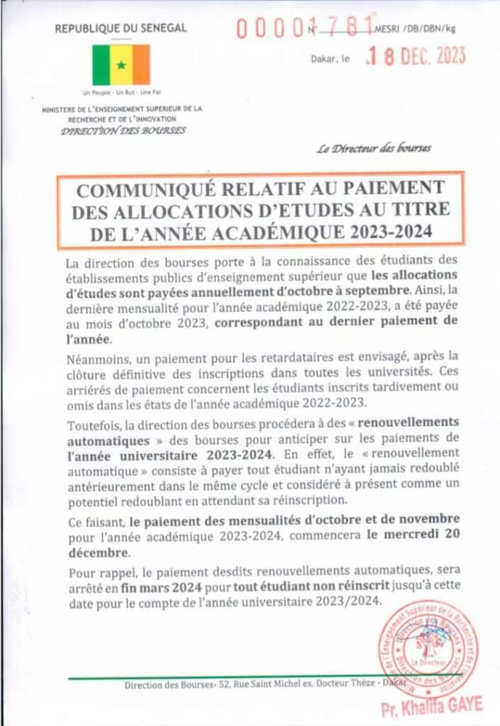 AVIS aux Étudiants : Communiqué Relatif au Paiement des Bourses d'études 2023-2024, SENEGAL