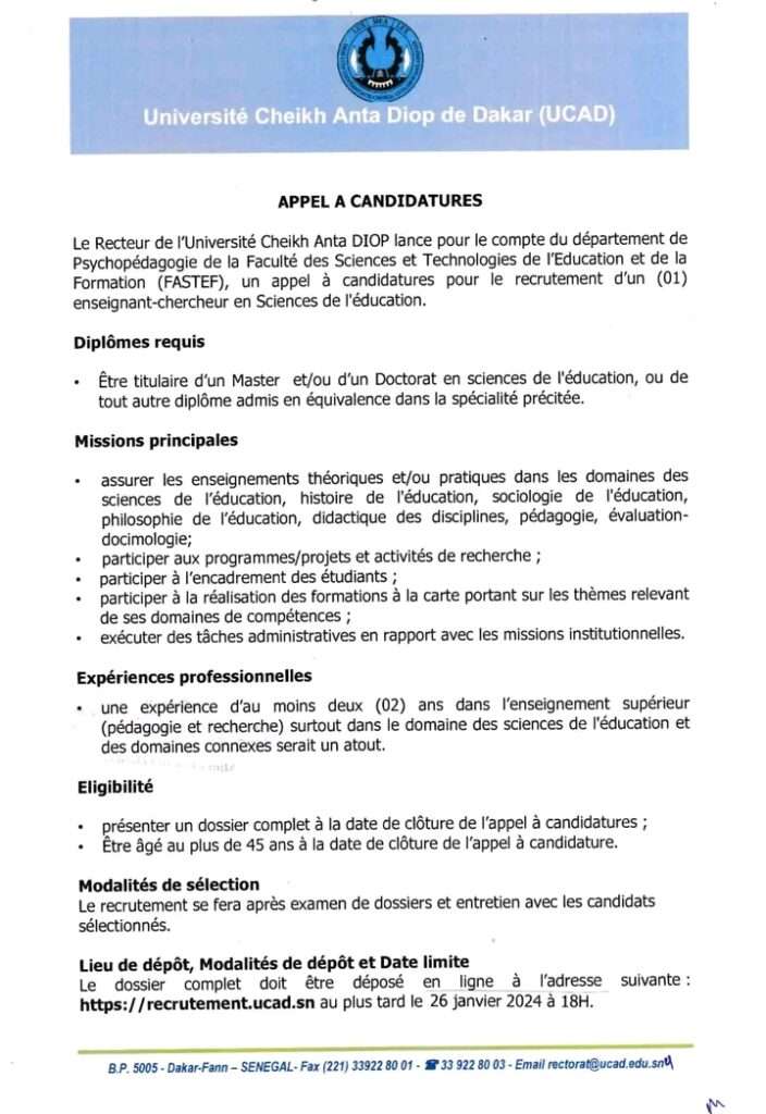 FASTEF lance un appel à candidatures pour le recrutement un Enseignant en Sciences de l'éducation