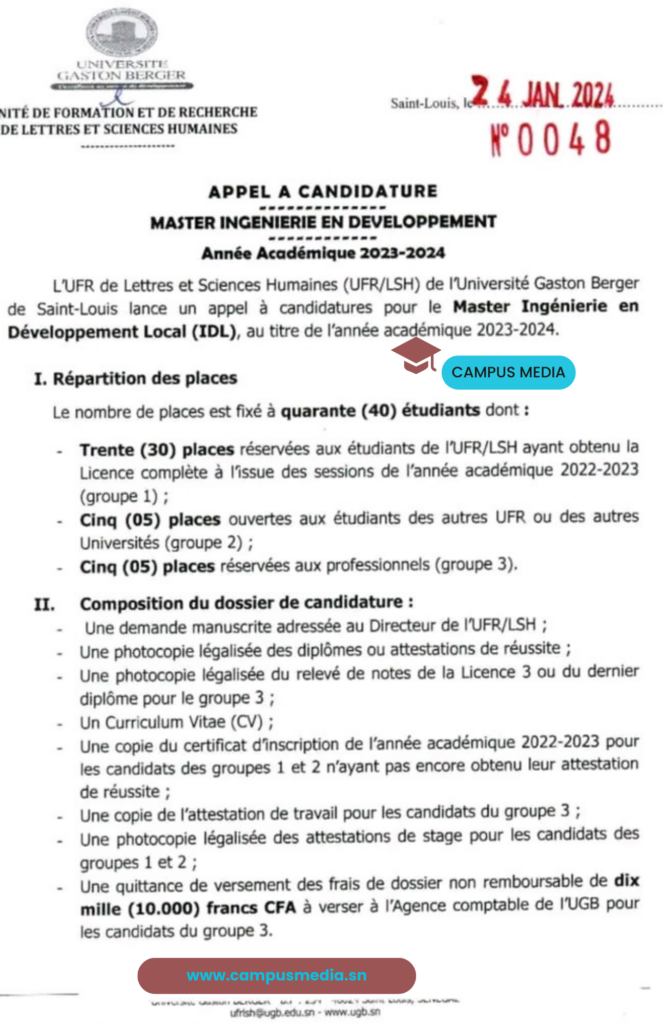 Appel à candidature pour un Master Ingénieurie en Développement Année Académique 2023-2024