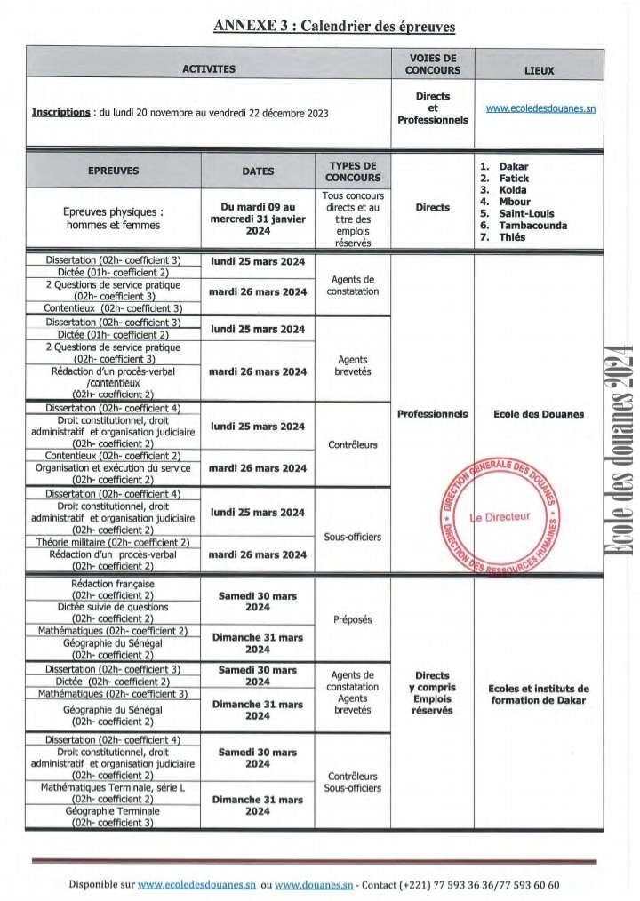 Calendrier Douane 