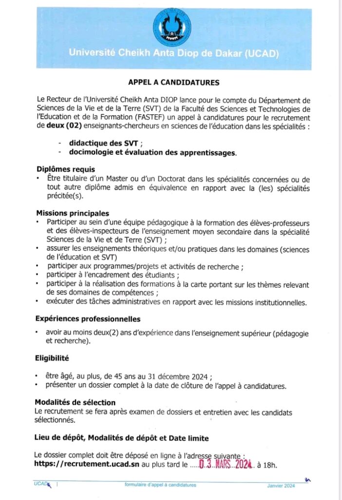 FASTEF : Appel à candidatures pour le recrutement de plusieurs Enseignants 2024