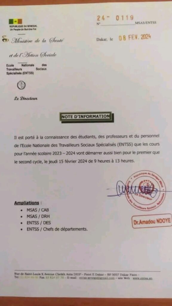 Ecole Nationale des Travailleurs Sociaux Spécialisés (ENTSS) démarrage des cours